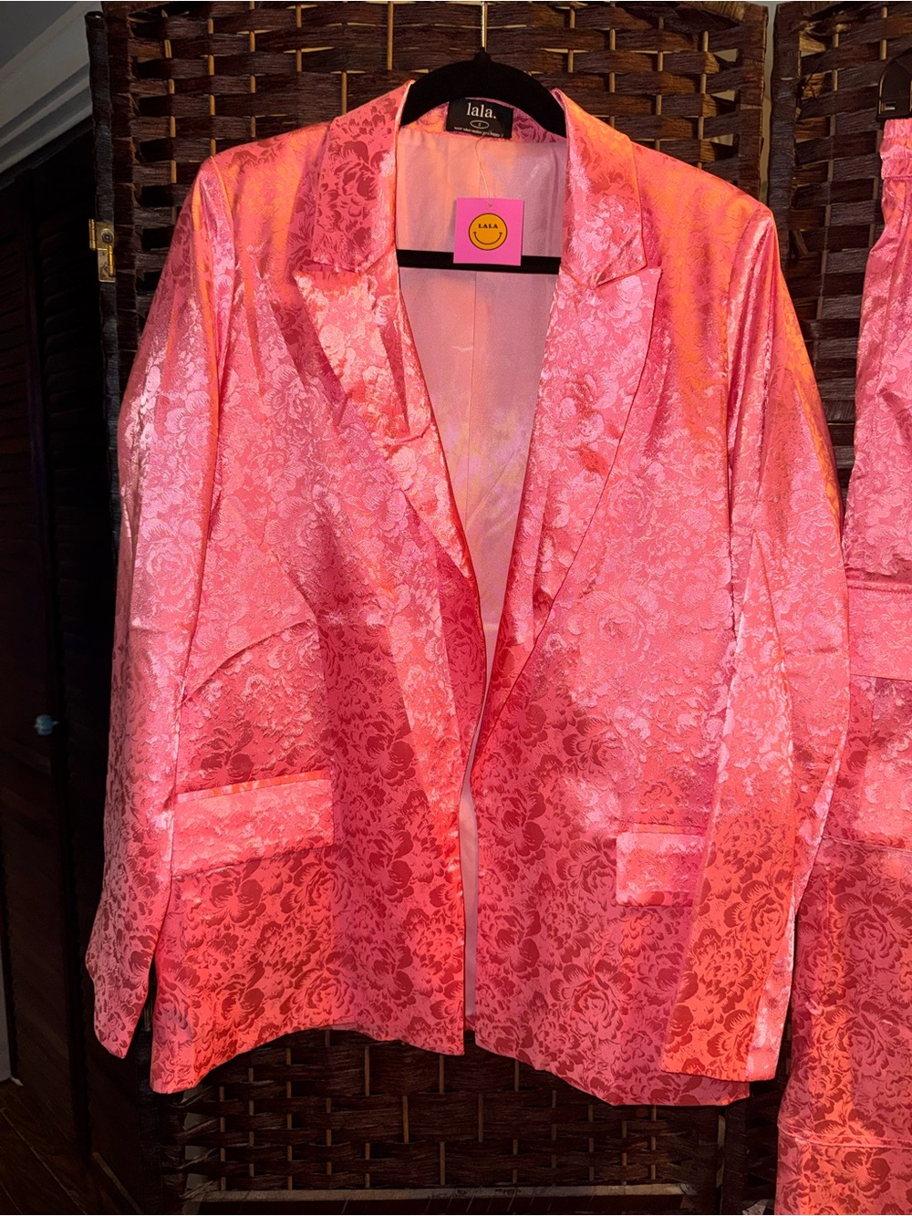 Dressed in Lala Pink Floral Satin Blazer - Women's Jacket and cargo pants small